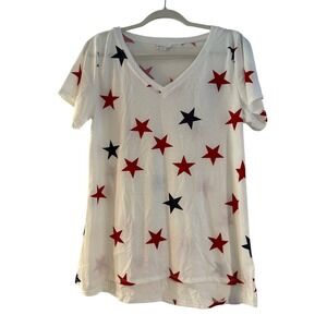 LuLaRoe‎ Women's White Red Blue Stars V-Neck T-Shirt Top Size L